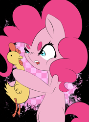 Size: 835x1147 | Tagged: safe, artist:jonathan the awesome, derpibooru exclusive, pinkie pie, earth pony, pony, angry, beanbrows, eyebrows, fangs, rubber chicken, scrunchy face, solo