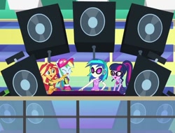 Size: 684x520 | Tagged: safe, dj pon-3, rainbow dash, sci-twi, sunset shimmer, twilight sparkle, vinyl scratch, better together, equestria girls, i'm on a yacht, clothes, cropped, female, quartet, speakers, swimsuit, turntable, vinyl's glasses