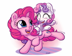 Size: 1400x1100 | Tagged: safe, artist:bobdude0, pinkie pie, sweetie belle, earth pony, pony, unicorn, blushing, cute, diapinkes, diasweetes, eyes closed, female, filly, mare, open mouth, ponies riding ponies