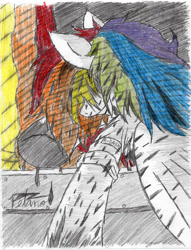 Size: 734x960 | Tagged: safe, artist:petanoprime, derpibooru import, rainbow dash, pegasus, pony, fanfic:rainbow factory, clothes, fanfic art, female, grin, hair over eyes, lab coat, mare, partial color, signature, smiling, solo, traditional art