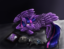 Size: 1100x850 | Tagged: safe, artist:fruttistdar, derpibooru import, smarty pants, twilight sparkle, twilight sparkle (alicorn), alicorn, pony, female, frown, frustration, hoof fluff, hoofprint, horseshoes, immortality blues, looking away, mare, nostalgia, picture, prone, sad, solo, unshorn fetlocks, wings