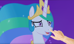 Size: 1212x720 | Tagged: safe, edit, screencap, princess celestia, alicorn, pony, a royal problem, boop, boop edit, bronybait, cute, cutelestia, hand, happy, meta, night, open mouth, solo