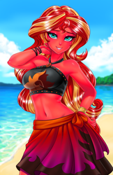 Size: 800x1237 | Tagged: safe, artist:racoonsan, color edit, edit, editor:drakeyc, sunset satan, sunset shimmer, equestria girls, equestria girls series, forgotten friendship, adorasexy, armpits, beach, beach babe, beautiful, beautisexy, belly button, bikini, bikini babe, black swimsuit, bracelet, breasts, clothes, cloud, colored, cute, cutie mark swimsuit, female, geode of empathy, hand on hip, jeweled swimsuit, jewelry, looking at you, magical geodes, midriff, necklace, praise the sunset, sand, sarong, sexy, shimmerbetes, skin color edit, sky, sleeveless, smiling, solo, stupid sexy sunset shimmer, summer sunset, sunset jiggler, sunset selfie, swimsuit, water