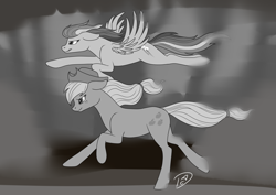 Size: 2912x2059 | Tagged: safe, artist:dreamyartcosplay, derpibooru import, applejack, rainbow dash, earth pony, pegasus, pony, duo, female, flying, freckles, grayscale, grin, hat, inktober 2016, mare, monochrome, racing, running, smiling