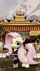 Size: 1080x1920 | Tagged: safe, artist:flutterdaz, fluttershy, pegasus, pony, 3d, bottomless, clothes, japan, mountain, partial nudity, prehensile mane, raised hoof, source filmmaker, sweater, sweatershy, sword, temple, weapon