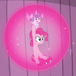 Size: 511x509 | Tagged: safe, screencap, pinkie pie, princess flurry heart, pony, the crystalling, bubble, holding a pony