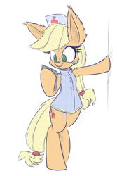 Size: 800x1200 | Tagged: safe, artist:heir-of-rick, applejack, earth pony, pony, bipedal, cheek fluff, clothes, ear fluff, impossibly large ears, leaning, nurse, reading, simple background, sketch, smiling, solo, white background