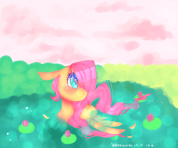 Size: 3600x3000 | Tagged: safe, artist:bunxl, fluttershy, pegasus, pony, floppy ears, lake, lilypad, solo, swimming