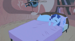 Size: 488x270 | Tagged: safe, screencap, applejack, rarity, earth pony, pony, unicorn, look before you sleep, animated, bed, bouncing, duo, eyes closed, female, gif, mare, rekt, smiling, watermark, wide eyes