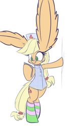 Size: 800x1500 | Tagged: safe, artist:heir-of-rick, edit, applejack, earth pony, pony, bipedal, clothes, impossibly large ears, leaning, nurse, reading, simple background, sketch, smiling, socks, solo, striped socks, white background