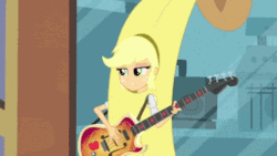 Size: 480x270 | Tagged: safe, screencap, applejack, a case for the bass, equestria girls, rainbow rocks, animated, banana suit, bananajack, guitar, unamused, wink