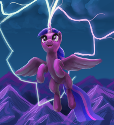 Size: 1730x1895 | Tagged: safe, artist:odooee, derpibooru import, twilight sparkle, twilight sparkle (alicorn), alicorn, pony, female, flying, lightning, magic, mare, smiling, solo