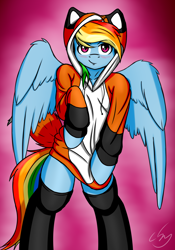 Size: 1446x2062 | Tagged: safe, artist:cluvry, derpibooru import, rainbow dash, fox, pegasus, pony, semi-anthro, animal costume, blushing, clothes, costume, kigurumi, looking at you, simple background