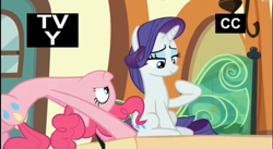 Size: 2521x1377 | Tagged: safe, screencap, pinkie pie, rarity, earth pony, pony, unicorn, the gift of the maud pie, backbend, flexible, train, tv rating, tv-y