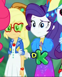 Size: 371x464 | Tagged: safe, derpibooru import, screencap, applejack, pinkie pie, rainbow dash, rarity, equestria girls, equestria girls series, sunset's backstage pass!, spoiler:choose your own ending (season 2), spoiler:eqg series (season 2), clothes, cropped, discovery kids, dress, geode of shielding, geode of super strength, hand on arm, hat, jacket, magical geodes, raised eyebrow, sunglasses