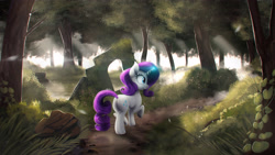 Size: 4000x2250 | Tagged: safe, artist:blackligerth, rarity, pony, unicorn, female, forest, glowing horn, mare, raised hoof, smiling, solo, sunlight, tree, water