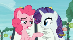 Size: 2481x1361 | Tagged: safe, screencap, pinkie pie, rarity, earth pony, pony, unicorn, the gift of the maud pie, discovery family logo, menu, pointing