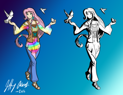 Size: 1024x789 | Tagged: safe, artist:penspark, fluttershy, human, digital art, gradient background, hippie, hippieshy, humanized, sandals, signature, solo