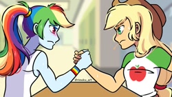 Size: 1280x720 | Tagged: safe, artist:riouku, derpibooru import, applejack, rainbow dash, equestria girls, alternate hairstyle, arm wrestling, ponytail, redraw, sweat