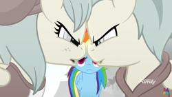 Size: 1334x750 | Tagged: safe, derpibooru import, screencap, barley barrel, pickle barrel, rainbow dash, pegasus, pony, rainbow roadtrip, barrel twins, bickering, brother and sister, clothes, colorless, colt, female, filly, freckles, male, mare, rainbow dash is not amused, sibling rivalry, siblings, trio, twins, unamused