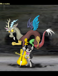 Size: 2734x3620 | Tagged: dead source, safe, artist:lova-gardelius, discord, octavia melody, draconequus, earth pony, pony, cello, musical instrument, the devil went down to georgia