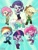 Size: 811x1081 | Tagged: safe, artist:prk, derpibooru import, applejack, applejack (male), bubble berry, butterscotch, dusk shine, elusive, fluttershy, pinkie pie, rainbow blitz, rainbow dash, rarity, twilight sparkle, equestria girls, my little pony: pony life, cloud, equestria guys, eyes closed, female, humane five, humane six, pony life logo, rule 63, smiling, sunburst background, version