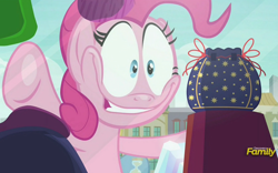 Size: 1679x1047 | Tagged: safe, screencap, pinkie pie, earth pony, pony, the gift of the maud pie, against glass, discovery family logo, faic, glass, manehattan, meme origin, pinkie pie excited meme, pouch, rock pouch, window