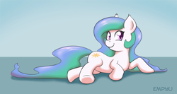 Size: 1000x533 | Tagged: safe, artist:empyu, princess celestia, earth pony, pony, :t, blue background, cute, cutelestia, earth pony celestia, faic, female, looking at you, mare, missing accessory, prone, race swap, simple background, smiling, smirk, solo, twiface