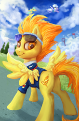 Size: 3716x5669 | Tagged: safe, artist:gingerady, derpibooru import, cloudchaser, spitfire, sunshower raindrops, pegasus, pony, absurd resolution, butt, captain, clothes, cutie mark, female, mare, plot, scenery, smiling, solo focus, sunglasses