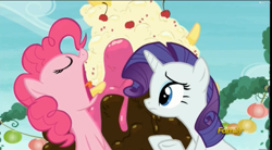 Size: 2521x1393 | Tagged: safe, screencap, pinkie pie, rarity, earth pony, pony, unicorn, the gift of the maud pie, discovery family logo, food, ice cream, sundae, tongue out