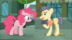 Size: 2513x1393 | Tagged: safe, screencap, pinkie pie, street rat, earth pony, pony, the gift of the maud pie, discovery family logo, manehattan, pouch, rock pouch