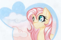 Size: 1024x677 | Tagged: safe, artist:emberslament, fluttershy, pegasus, pony, sky, solo, traditional art