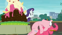 Size: 1634x937 | Tagged: safe, screencap, pinkie pie, rarity, earth pony, pony, unicorn, the gift of the maud pie, discovery family logo, food, ice cream, panic, sundae, tongue out