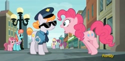 Size: 1573x765 | Tagged: safe, screencap, copper top, luckette, pinkie pie, pinot noir, ruby pinch, shiraz, silver berry, strawberry ice, earth pony, pony, the gift of the maud pie, background pony, discovery family logo, police, police pony, sunglasses