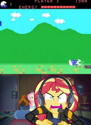 Size: 700x966 | Tagged: safe, edit, edited screencap, screencap, fluttershy, sunset shimmer, better together, equestria girls, game stream, atari, smurfs, sunset gamer