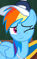 Size: 1000x1591 | Tagged: safe, derpibooru import, screencap, rainbow dash, pegasus, pony, 2 4 6 greaaat, baseball cap, cap, cropped, hat, one eye closed, solo, whistle, whistle necklace, wink