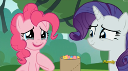 Size: 2497x1385 | Tagged: safe, screencap, pinkie pie, rarity, earth pony, pony, unicorn, the gift of the maud pie, confetti, crying, discovery family logo