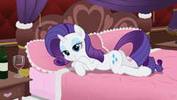 Size: 1920x1080 | Tagged: safe, artist:facelessjr, rarity, pony, unicorn, alcohol, bed, bedroom eyes, concept art, dock, draw me like one of your french girls, eyelashes, eyeshadow, female, lidded eyes, looking at you, makeup, mare, movie accurate, pinup, plot, prone, solo, wine, wineglass