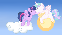 Size: 7000x4000 | Tagged: safe, artist:lightzgc, princess celestia, twilight sparkle, twilight sparkle (alicorn), alicorn, pony, blushing, boop, cloud, cute, eyes closed, female, gradient background, lesbian, mare, missing cutie mark, prone, shipping, sky, spread wings, sun, tangible heavenly object, twilestia, wings