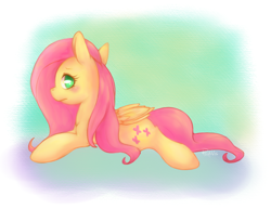 Size: 870x670 | Tagged: safe, artist:phyllismi, fluttershy, pegasus, pony, looking at you, looking back, prone, simple background, solo, sploot