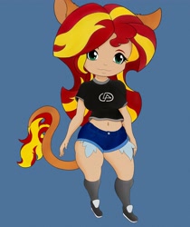 Size: 3441x4096 | Tagged: safe, artist:greed, sunset shimmer, human, equestria girls, breasts, clothes, denim shorts, digital art, exposed pockets, female, leonine tail, pony ears, shirt, shorts, solo, sunset jiggler, t-shirt, tail, tomboy