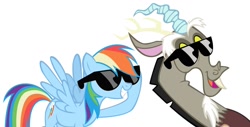 Size: 1623x824 | Tagged: safe, derpibooru import, discord, rainbow dash, draconequus, pegasus, pony, awesome, best friend, best friends, buddies, cool, female, friend, friends, male, mare, smiling, sunglasses