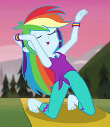 Size: 680x780 | Tagged: safe, derpibooru import, screencap, rainbow dash, better together, choose your own ending, equestria girls, wake up!, wake up!: rainbow dash, barefoot, clothes, cropped, eyes closed, feet, female, solo, tanktop, wristband, yoga, yoga mat