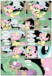 Size: 2899x4224 | Tagged: dead source, safe, artist:jittery-the-dragon, fluttershy, spike, bird, dragon, pegasus, pony, squirrel, comic:lesbian horse police, bird poop, comic, descriptive noise, filly fluttershy, gun, poop, vulgar, weapon