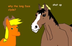 Size: 914x589 | Tagged: safe, applejack, trouble shoes, earth pony, horse, pony, dialogue, hoers, ms paint, simple background, stylistic suck, why the long face