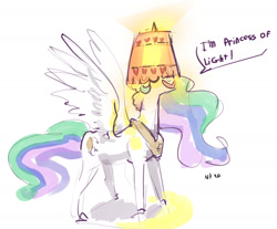 Size: 2088x1728 | Tagged: safe, artist:alumx, princess celestia, alicorn, pony, dialogue, female, glowing horn, happy, hat, lampshade, lampshade hat, mare, sillestia, silly, silly pony, simple background, solo, white background