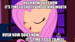 Size: 960x540 | Tagged: safe, fluttershy, pegasus, pony, hush now quiet now, image macro, meme, vulgar