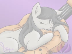 Size: 1024x768 | Tagged: safe, artist:raininess, octavia melody, earth pony, pony, cello, musical instrument, pillow, sleeping