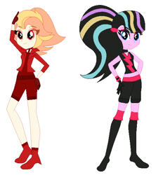 Size: 539x598 | Tagged: safe, artist:nightcorecat123, artist:selenaede, oc, oc only, oc:hesitant onyx, oc:passionate amber, equestria girls, base used, boots, choker, clothes, coat, corset, equestria girls-ified, eyeshadow, female, gloves, high heel boots, makeup, midriff, multicolored hair, shoes, shorts, simple background, socks, stockings, tanktop, thigh highs, white background