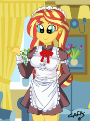 Size: 850x1135 | Tagged: safe, artist:cafakero, sunset shimmer, equestria girls, apron, clothes, dress, female, maid, solo